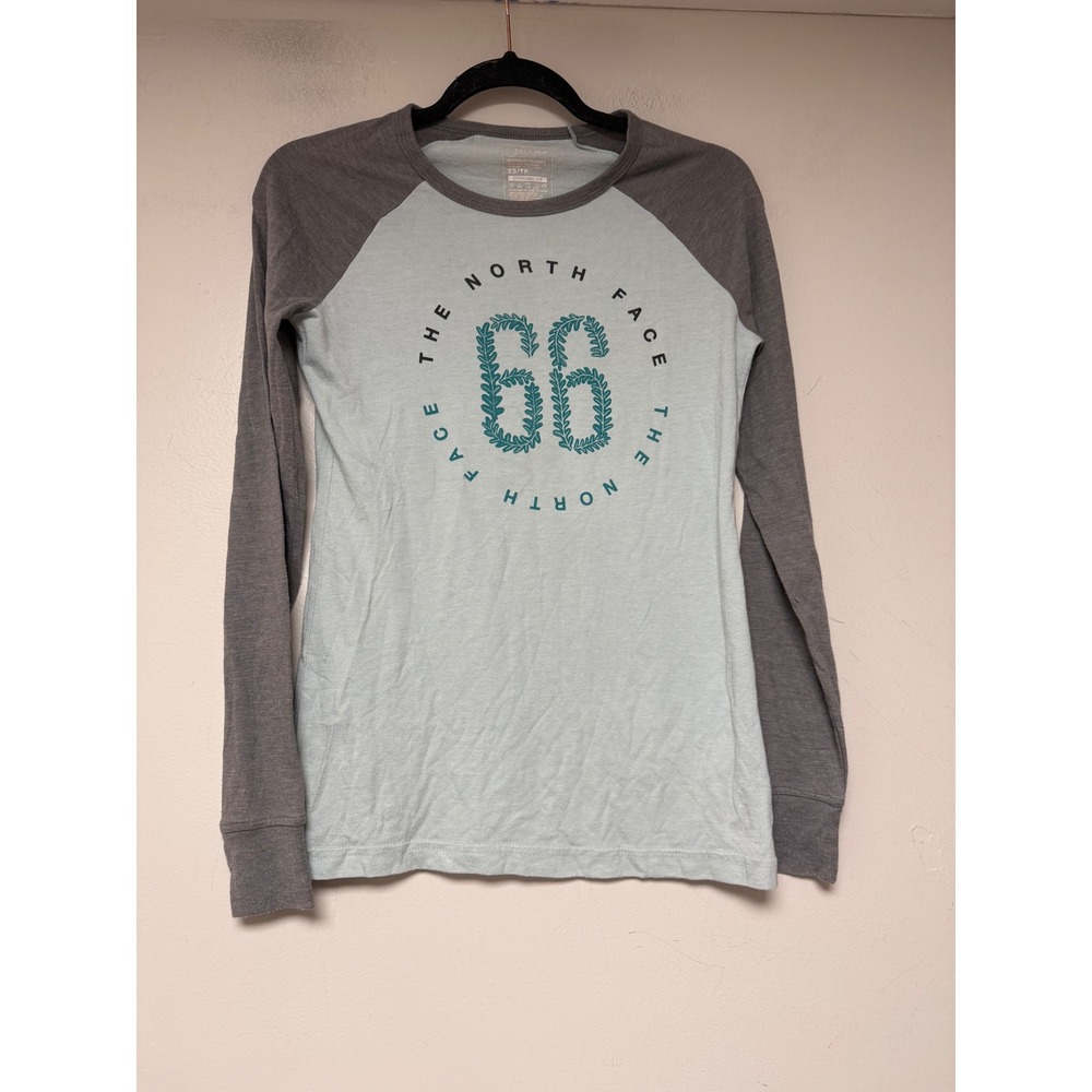 The North Face Graphic Raglan Tee Womens XS Blue Grey Good 66 Logo Long Sleeve
